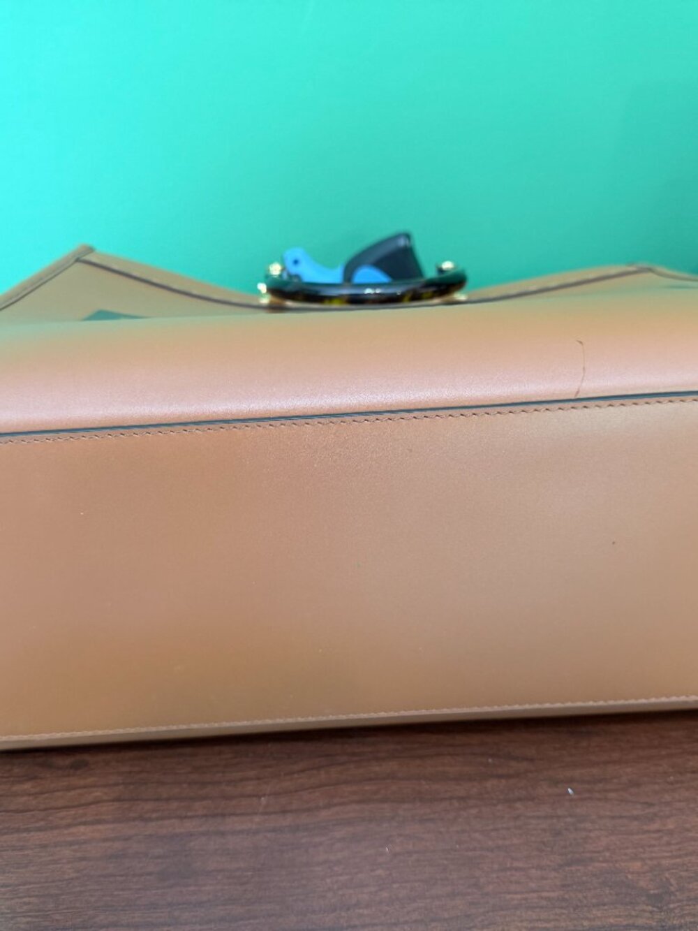 Luxury Inspired Structured Tote | Brown Faux Leather | Tortoiseshell Handles - Picture 4 of 5